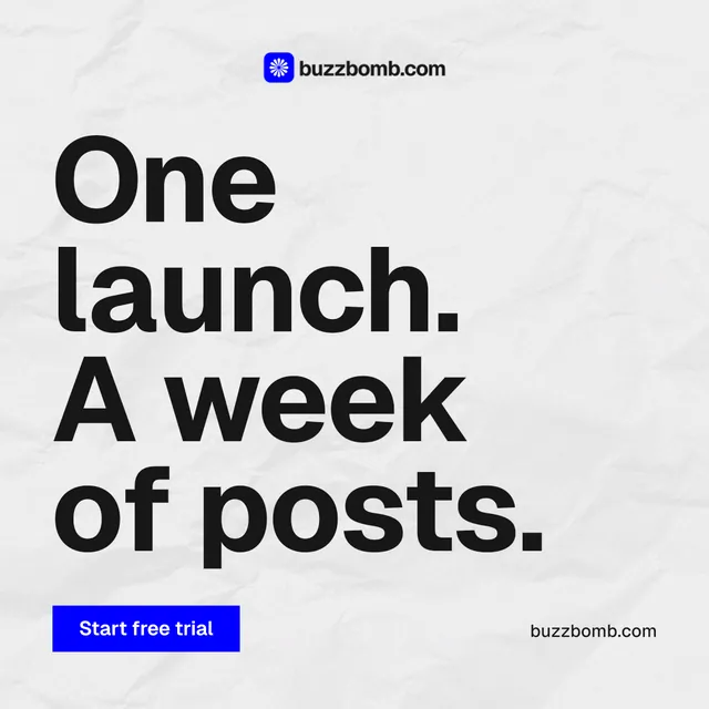 Instagram post for BuzzBomb: "One launch. A week of posts." Swiss style, poster layout, light palette in white, grey.