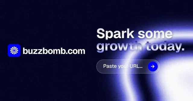 Social ad for BuzzBomb: "Spark some growth today." Agentic glass style, logo hero layout, dark palette in black, blue.