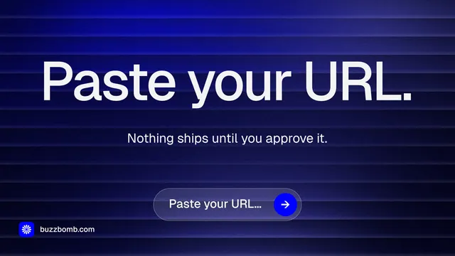 Landscape graphic for BuzzBomb: "Paste your URL." Agentic glass style, centred layout, dark palette in black, blue, grey.