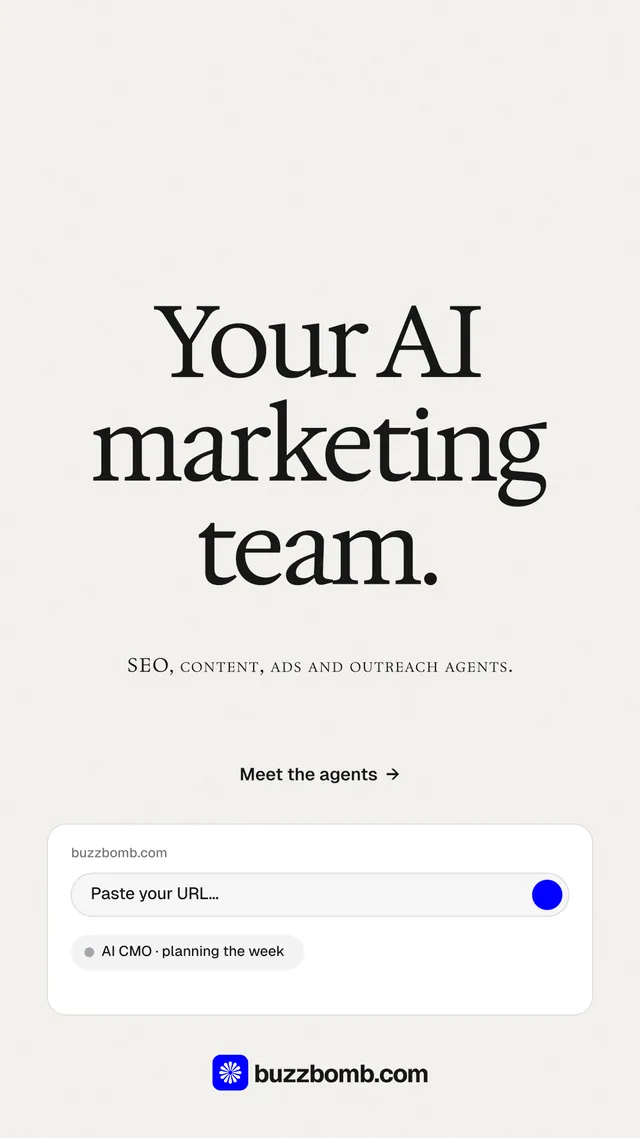 Instagram story for BuzzBomb: "Your AI marketing team." Swiss style, smallcaps layout, light palette in white.
