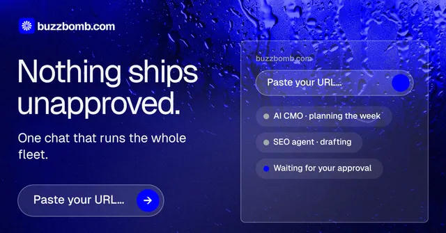 Social ad for BuzzBomb: "Nothing ships unapproved." Agentic glass style, bottom layout, dark palette in blue.