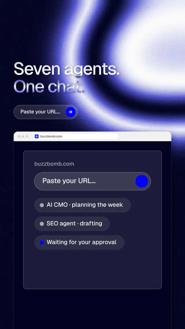 Instagram story for BuzzBomb: "Seven agents. One chat." Agentic glass style, browser layout, dark palette in blue, black.