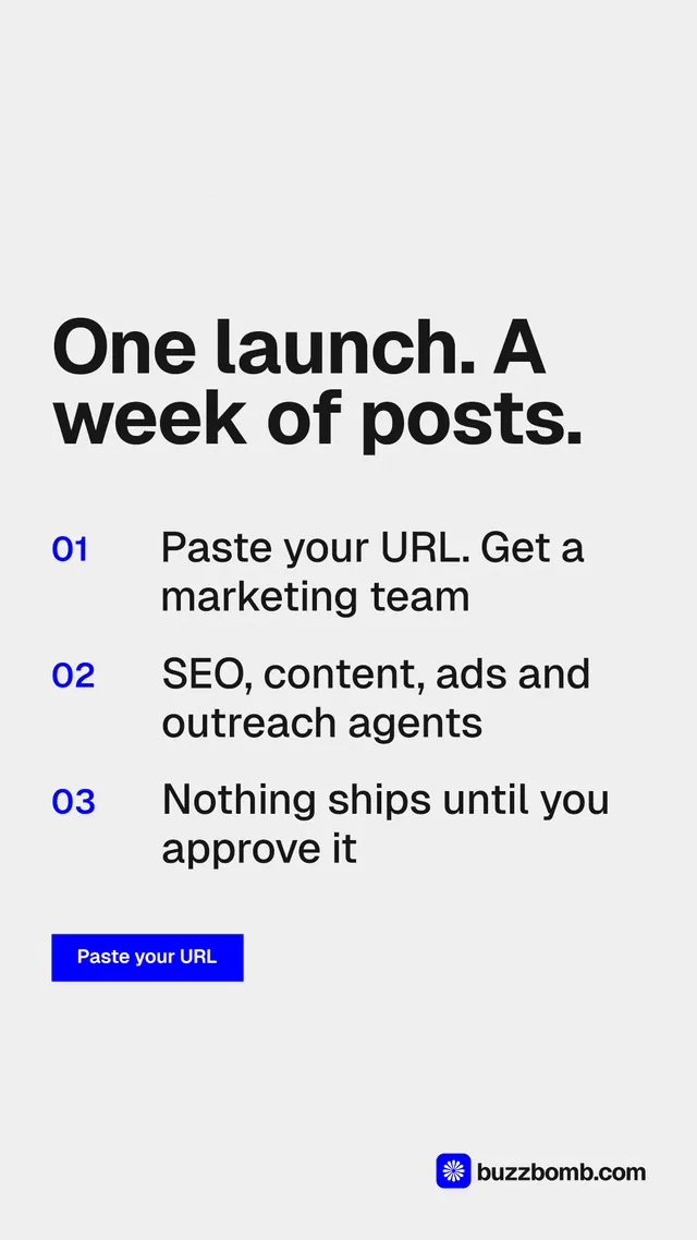 Instagram story for BuzzBomb: "One launch. A week of posts." Swiss style, numbered layout, light palette in white, grey.