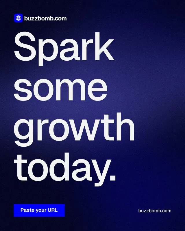 Instagram portrait post for BuzzBomb: "Spark some growth today." Swiss style, poster layout, dark palette in blue, black, grey.