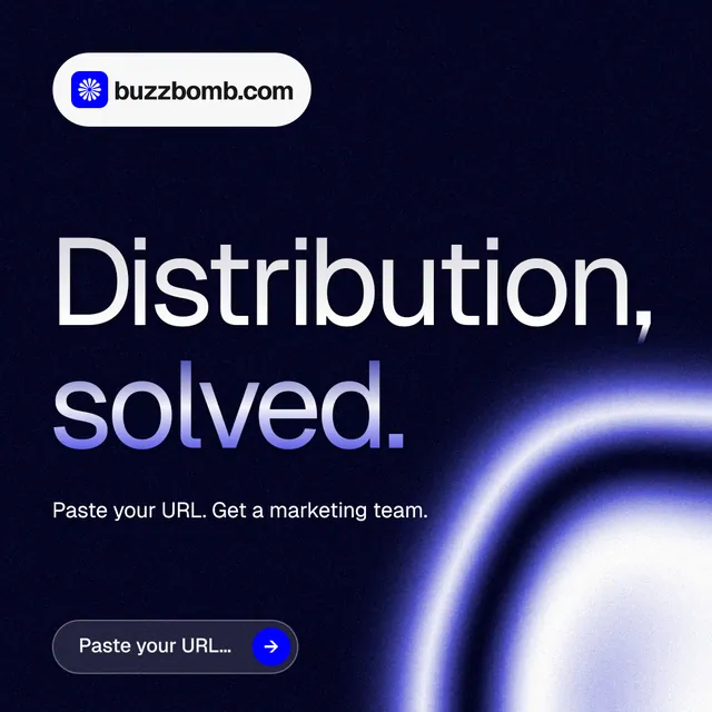 Instagram post for BuzzBomb: "Distribution, solved." Agentic glass style, announce layout, dark palette in black, blue.
