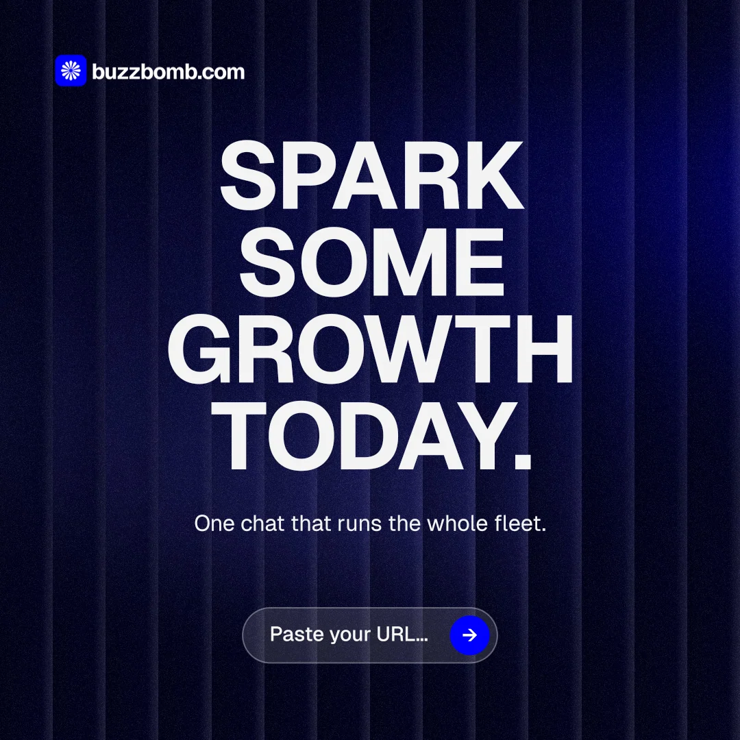 Instagram post for BuzzBomb: "Spark some growth today." Agentic glass style, centred layout, dark palette in black, blue, grey.