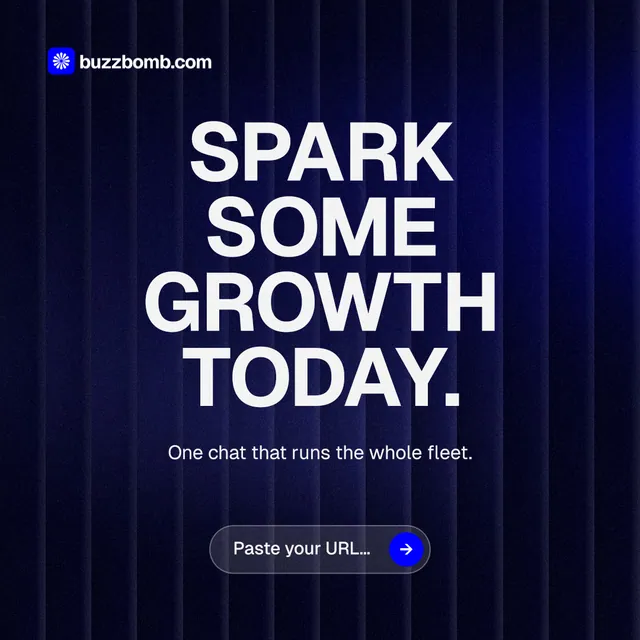 Instagram post for BuzzBomb: "Spark some growth today." Agentic glass style, centred layout, dark palette in black, blue, grey.