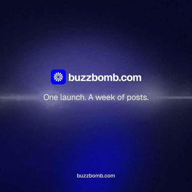 Instagram post for BuzzBomb: "One launch. A week of posts." Agentic glass style, end card layout, dark palette in black, blue.