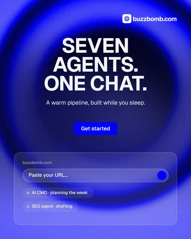Instagram portrait post for BuzzBomb: "Seven agents. One chat." Swiss style, centred layout, dark palette in blue.