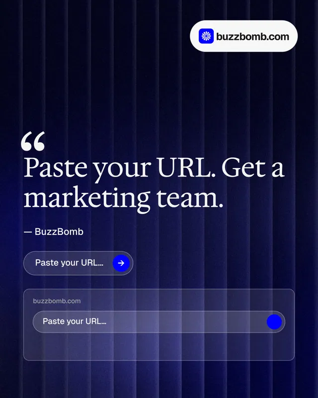 Instagram portrait post for BuzzBomb: "Your AI marketing team." Agentic glass style, quote layout, dark palette in black, blue, grey.