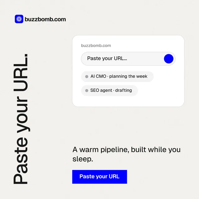 Instagram post for BuzzBomb: "Paste your URL." Swiss style, vertical layout, light palette in white.