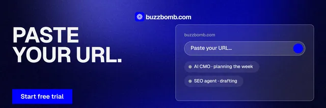 X header for BuzzBomb: "Paste your URL." Swiss style, bottom layout, dark palette in blue.