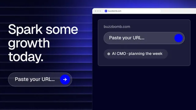 Landscape graphic for BuzzBomb: "Spark some growth today." Agentic glass style, browser layout, dark palette in blue, black.