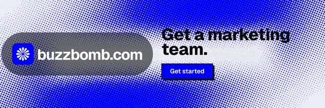 X header for BuzzBomb: "Get a marketing team." Brutalist style, logo hero layout, light palette in blue.