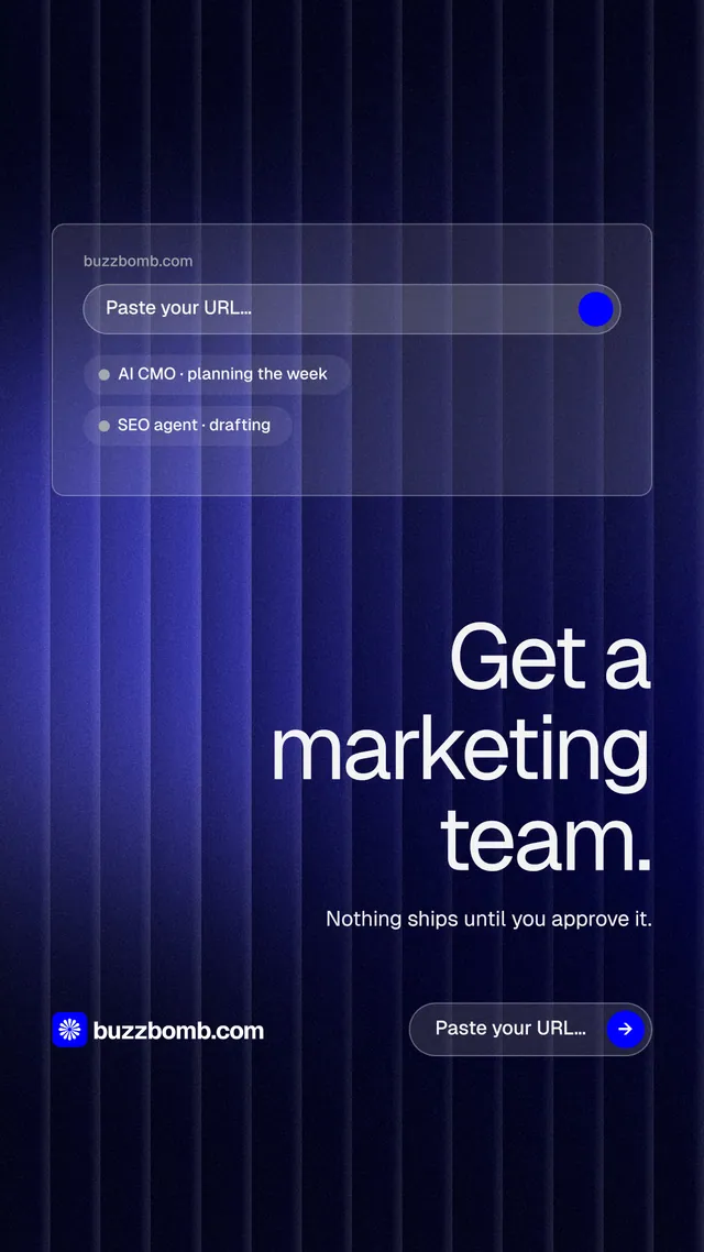 Instagram story for BuzzBomb: "Get a marketing team." Agentic glass style, right layout, dark palette in blue, black.