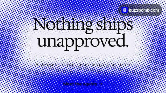 Landscape graphic for BuzzBomb: "Nothing ships unapproved." Swiss style, smallcaps layout, light palette in blue, white.