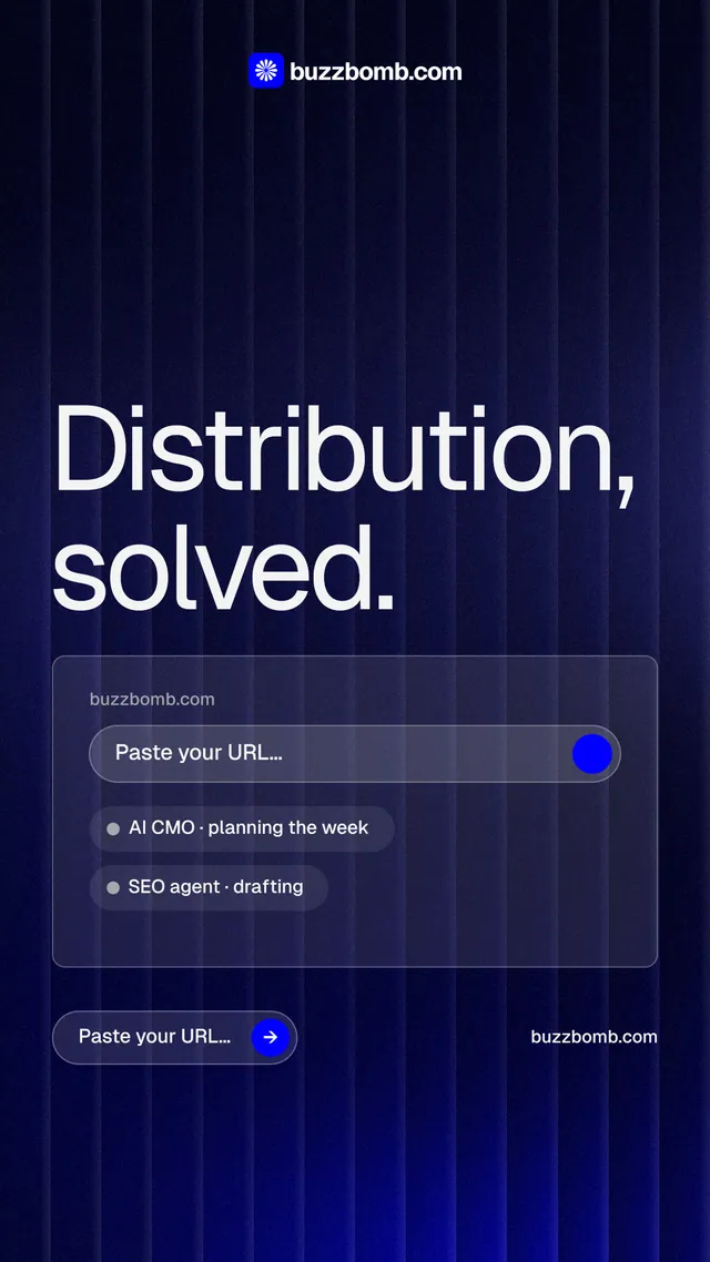 Instagram story for BuzzBomb: "Distribution, solved." Agentic glass style, poster layout, dark palette in black, blue, grey.