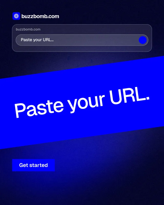 Instagram portrait post for BuzzBomb: "Paste your URL." Swiss style, diagonal layout, dark palette in blue.