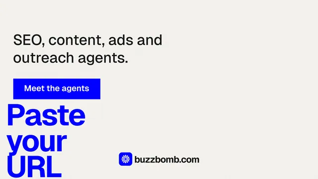 Landscape graphic for BuzzBomb: "One launch. A week of posts." Swiss style, oversized layout, light palette in white, blue.