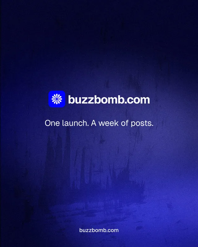 Instagram portrait post for BuzzBomb: "One launch. A week of posts." Agentic glass style, end card layout, dark palette in black, blue.