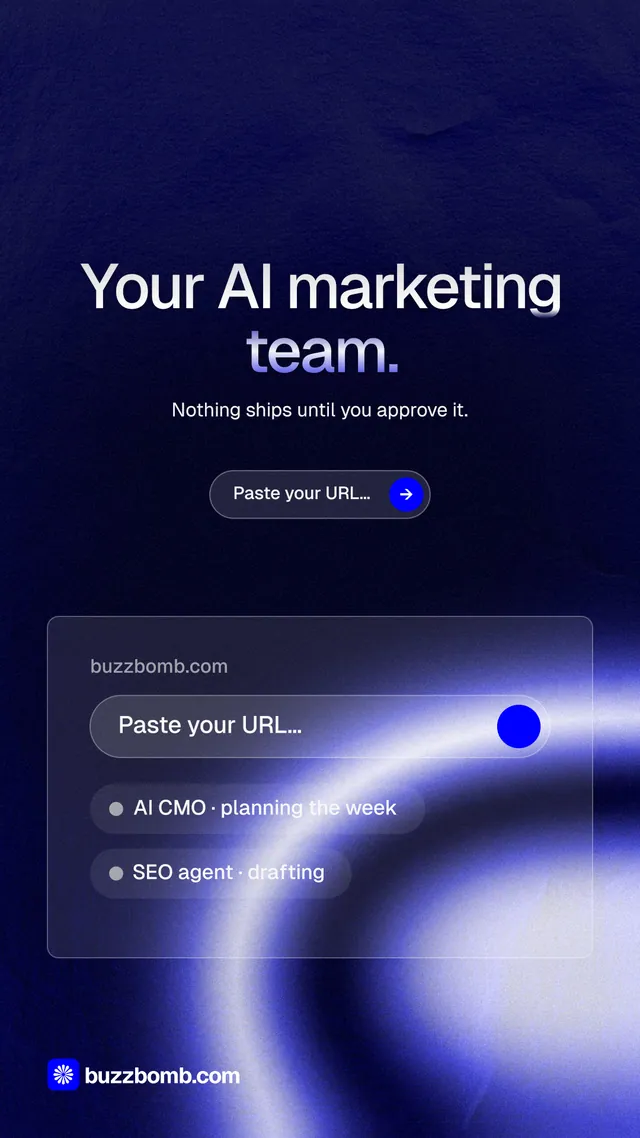 Instagram story for BuzzBomb: "Your AI marketing team." Agentic glass style, centred layout, dark palette in blue, black.