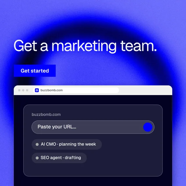 Instagram post for BuzzBomb: "Get a marketing team." Swiss style, browser layout, dark palette in blue, black.