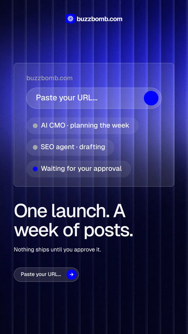 Instagram story for BuzzBomb: "One launch. A week of posts." Agentic glass style, bottom layout, dark palette in black, blue.