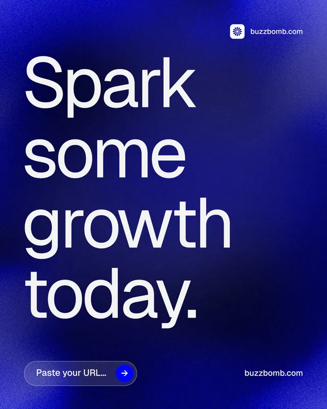 Instagram portrait post for BuzzBomb: "Spark some growth today." Agentic glass style, poster layout, dark palette in blue, grey.