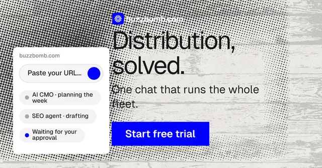 Social ad for BuzzBomb: "Distribution, solved." Swiss style, skeleton layout, light palette in grey, white.