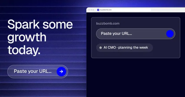 Social ad for BuzzBomb: "Spark some growth today." Agentic glass style, browser layout, dark palette in blue, black.