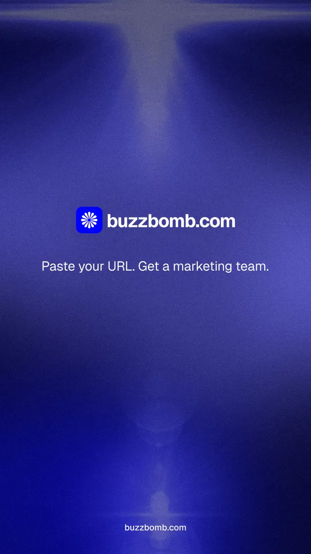 Instagram story for BuzzBomb: "Distribution, solved." Agentic glass style, end card layout, dark palette in blue.