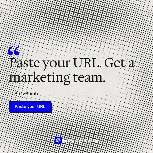 Instagram post for BuzzBomb: "One launch. A week of posts." Brutalist style, quote layout, light palette in grey, white.