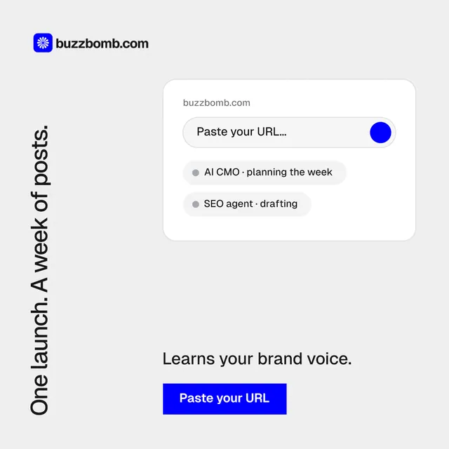 Instagram post for BuzzBomb: "One launch. A week of posts." Swiss style, vertical layout, light palette in white, blue.