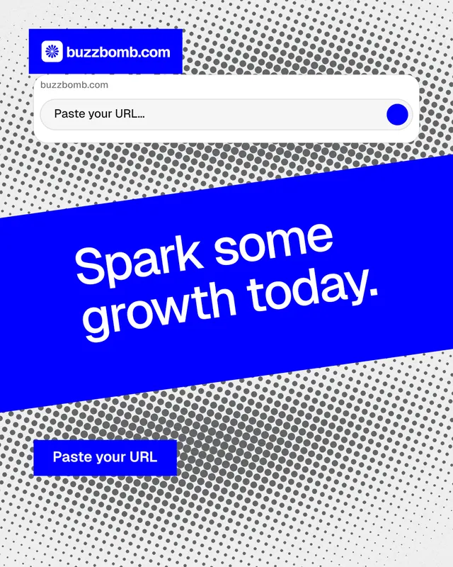 Instagram portrait post for BuzzBomb: "Spark some growth today." Swiss style, diagonal layout, light palette in blue, grey, white.