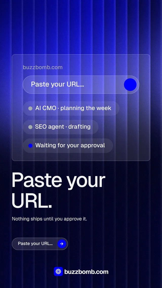 Instagram story for BuzzBomb: "Paste your URL." Agentic glass style, bottom layout, dark palette in black, blue.