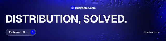 LinkedIn banner for BuzzBomb: "Distribution, solved." Agentic glass style, poster layout, dark palette in blue.