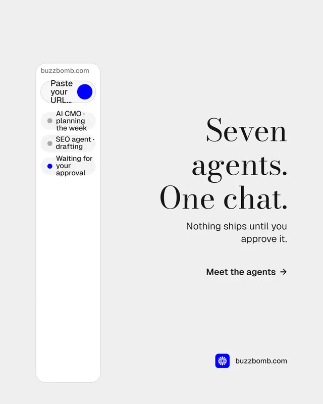 Instagram portrait post for BuzzBomb: "Seven agents. One chat." Minimal luxury style, right layout, light palette in white.