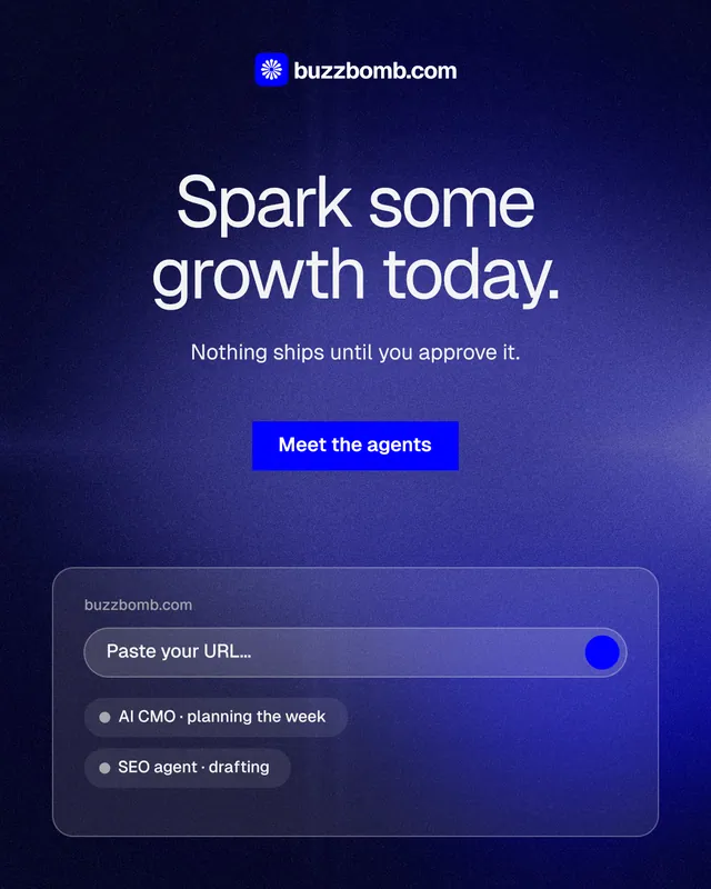 Instagram portrait post for BuzzBomb: "Spark some growth today." Swiss style, centred layout, dark palette in black, blue.