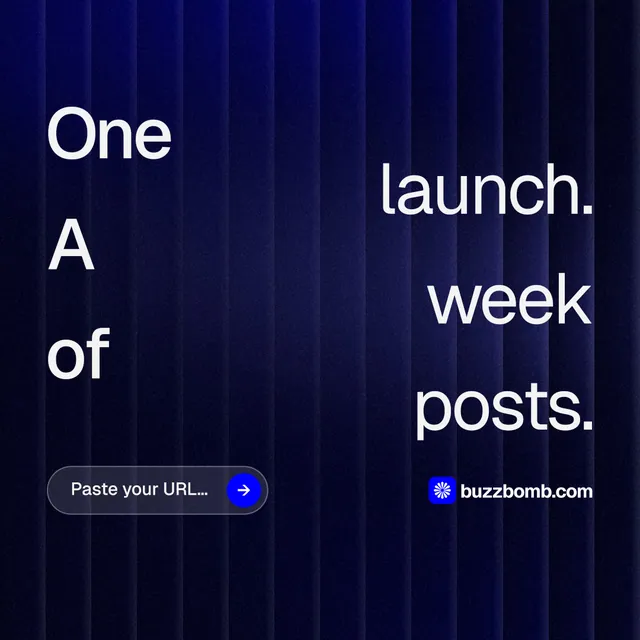 Instagram post for BuzzBomb: "One launch. A week of posts." Agentic glass style, stacked layout, dark palette in black, blue, grey.