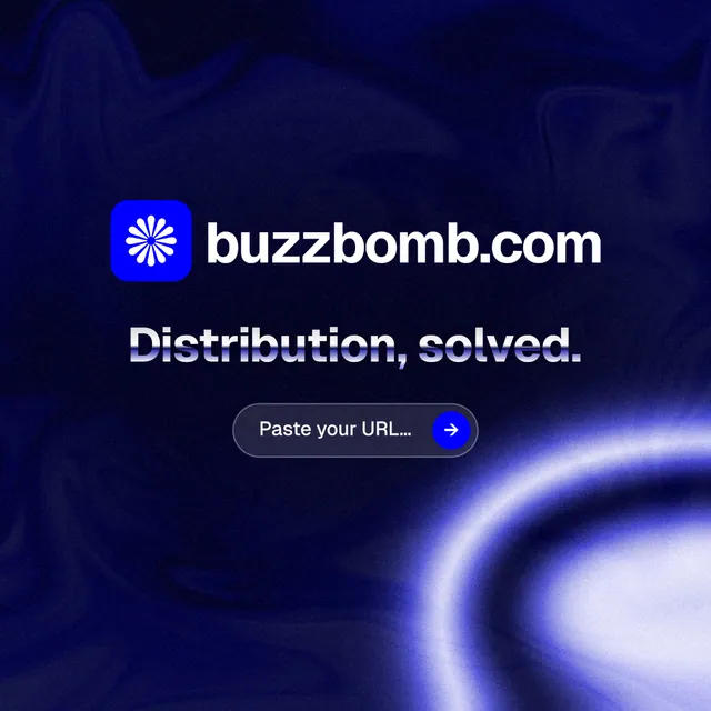 Instagram post for BuzzBomb: "Distribution, solved." Agentic glass style, logo hero layout, dark palette in black, blue.