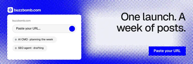 X header for BuzzBomb: "One launch. A week of posts." Split block style, right layout, light palette in blue, white.