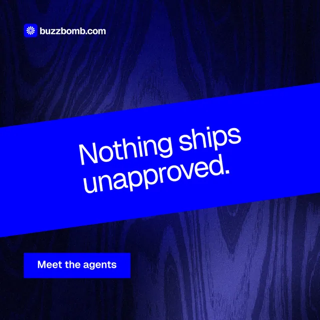 Instagram post for BuzzBomb: "Nothing ships unapproved." Swiss style, diagonal layout, dark palette in blue.