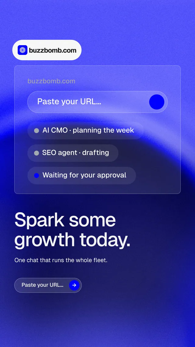 Instagram story for BuzzBomb: "Spark some growth today." Agentic glass style, bottom layout, dark palette in blue.