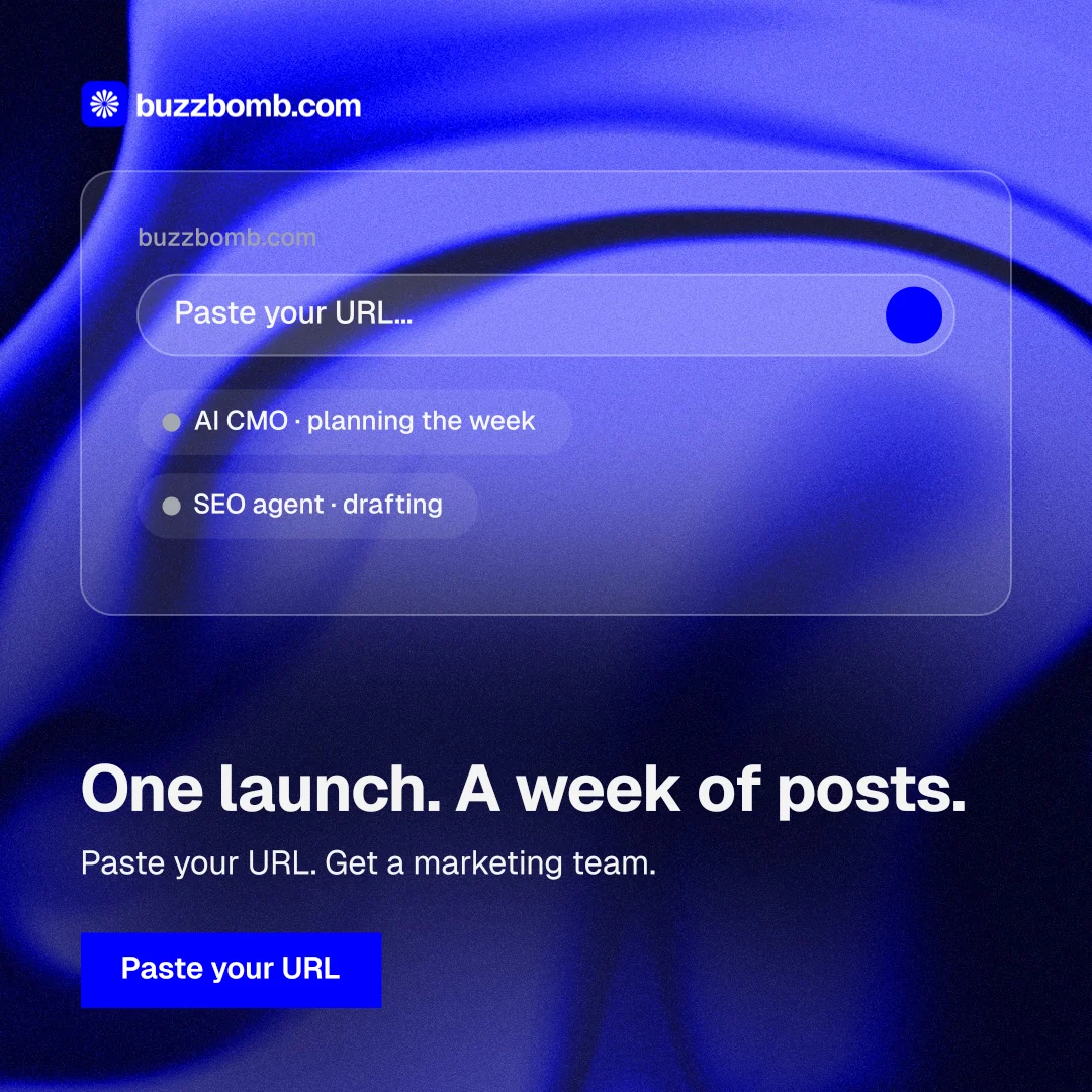 Instagram post for BuzzBomb: "One launch. A week of posts." Swiss style, bottom layout, dark palette in blue.