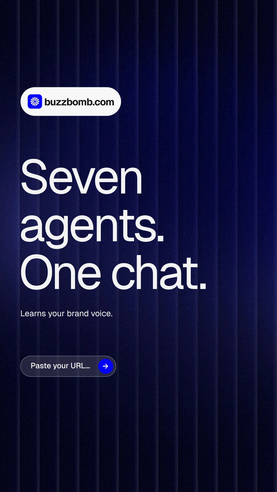 Instagram story for BuzzBomb: "Seven agents. One chat." Agentic glass style, announce layout, dark palette in black, blue, grey.