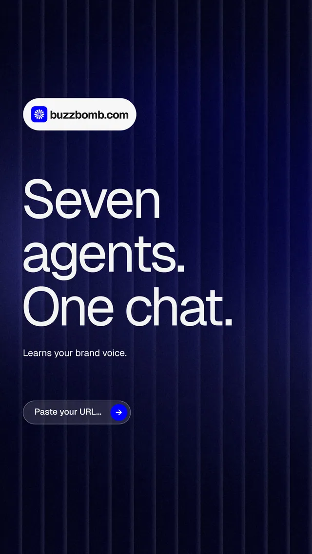 Instagram story for BuzzBomb: "Seven agents. One chat." Agentic glass style, announce layout, dark palette in black, blue, grey.