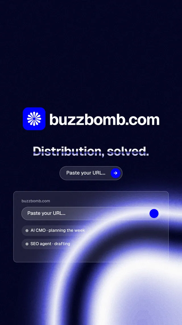 Instagram story for BuzzBomb: "Distribution, solved." Agentic glass style, logo hero layout, dark palette in black, blue.