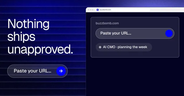 Social ad for BuzzBomb: "Nothing ships unapproved." Agentic glass style, browser layout, dark palette in black, blue, grey.
