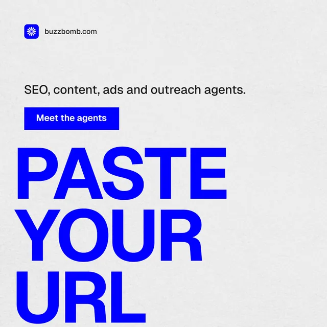 Instagram post for BuzzBomb: "Paste your URL." Swiss style, oversized layout, light palette in white, blue.