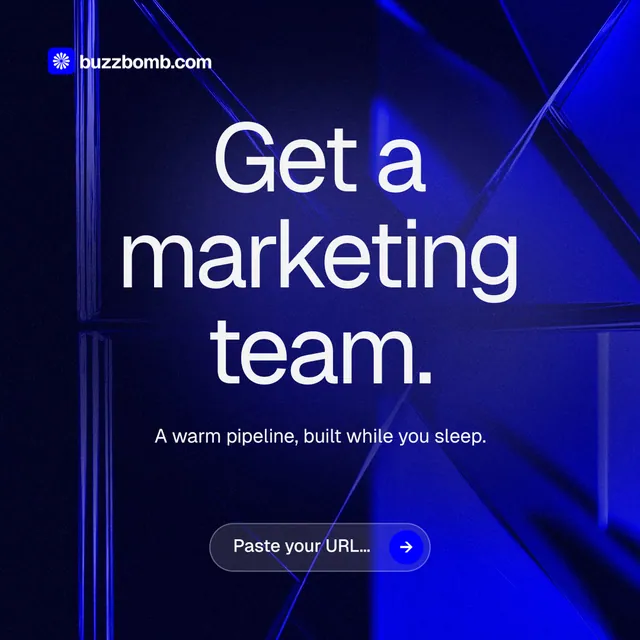 Instagram post for BuzzBomb: "Get a marketing team." Agentic glass style, centred layout, dark palette in black, blue.
